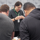 Jesse Vincent, center, showing off the Keyboardio Model 01 at a recent keyboard meetup. (Image: Alex Cranz/Gizmodo)
